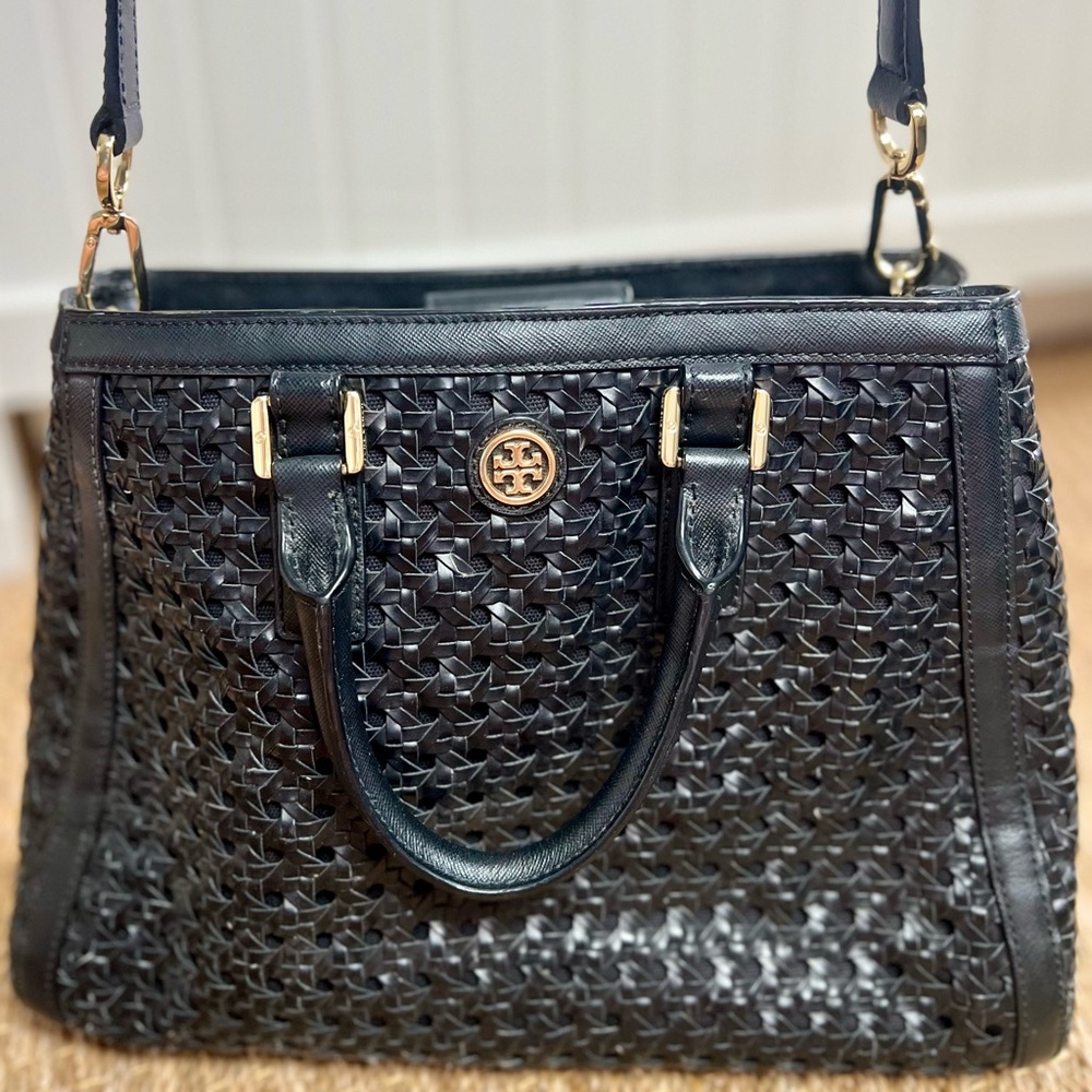 Tory Burch Black Leather Robinson Woven Tote